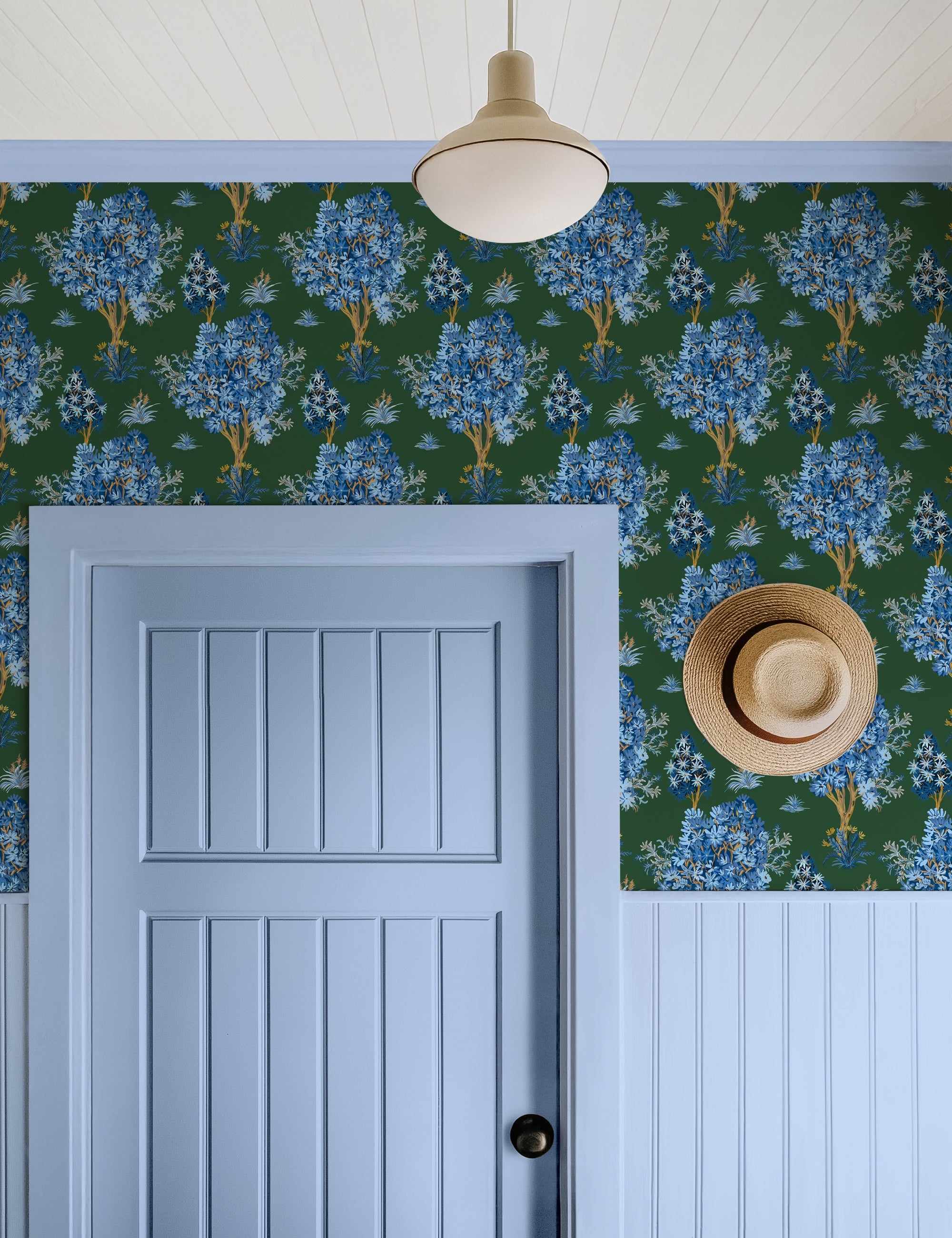 Ornamental Blue Trees in Green, Vintage Floral Wallpaper, Moody Botanical - Wallpaper
