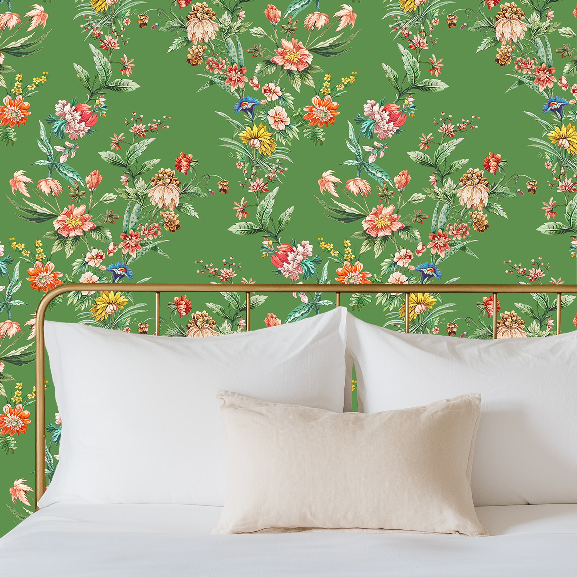 Ornamental Floral Motif Wallpaper - Green