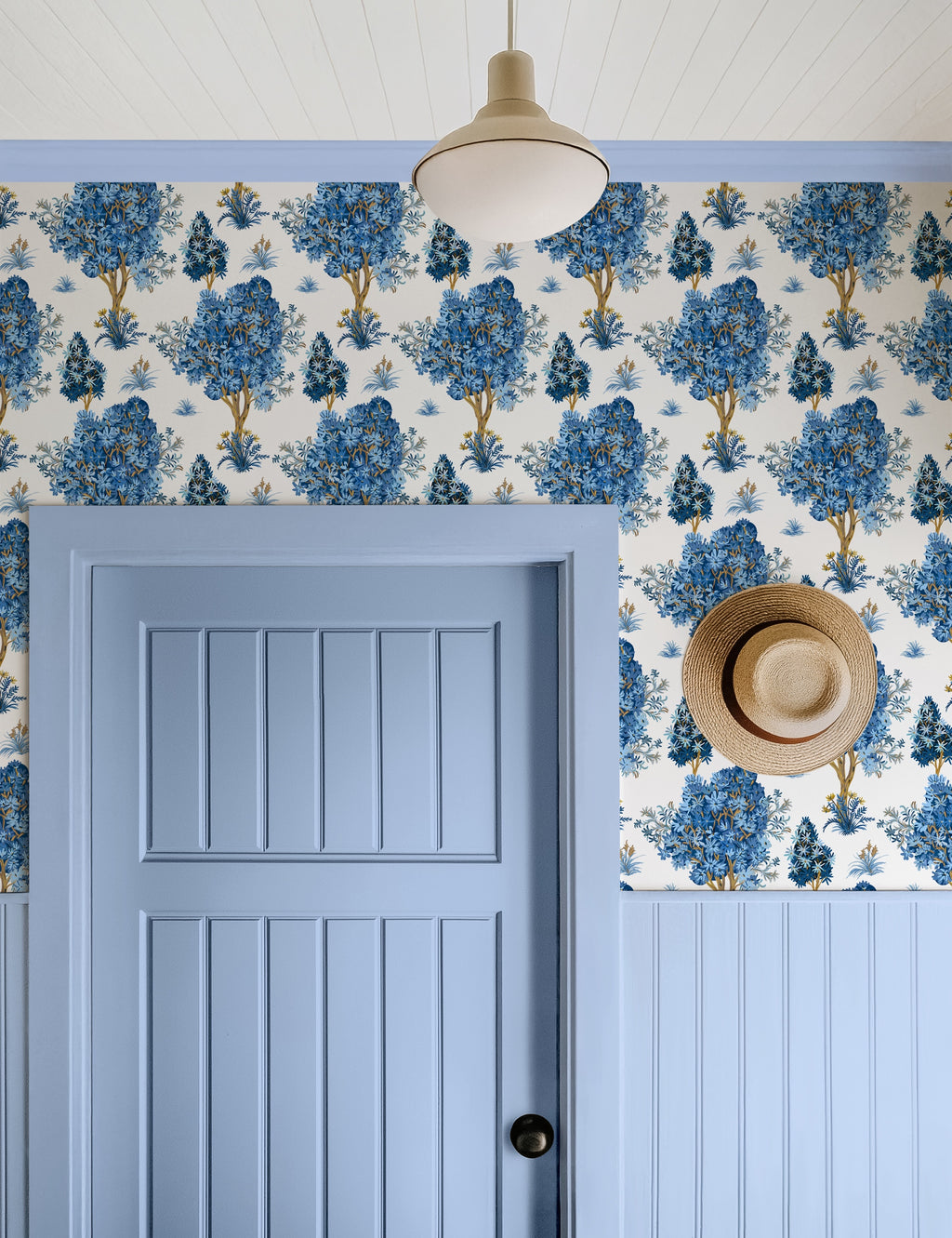 Ornamental Blue Trees in White, Chinoiserie Floral Trees - Wallpaper