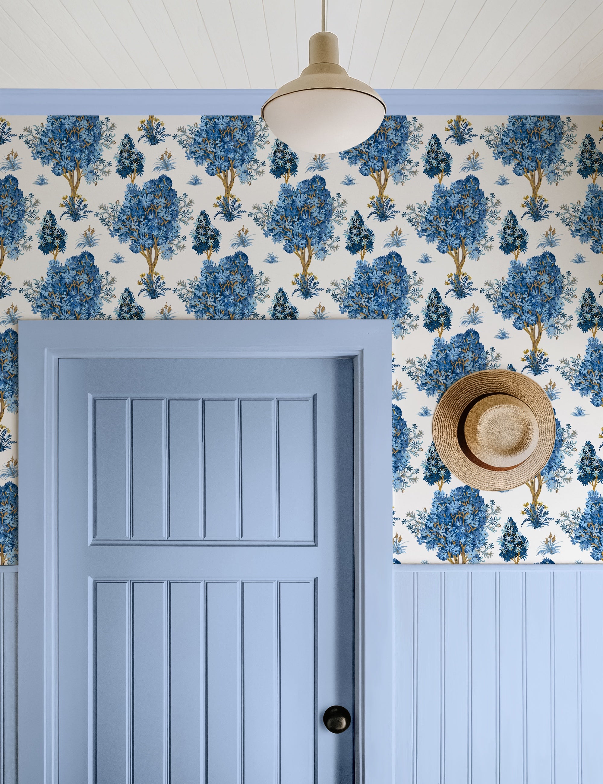 Ornamental Blue Trees in White, Chinoiserie Floral Trees - Wallpaper