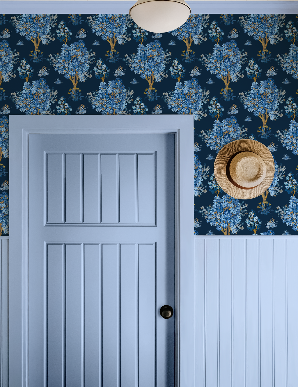 Ornamental Blue Trees in Navy, Vintage Floral Wallpaper, Moody Botanical - Wallpaper