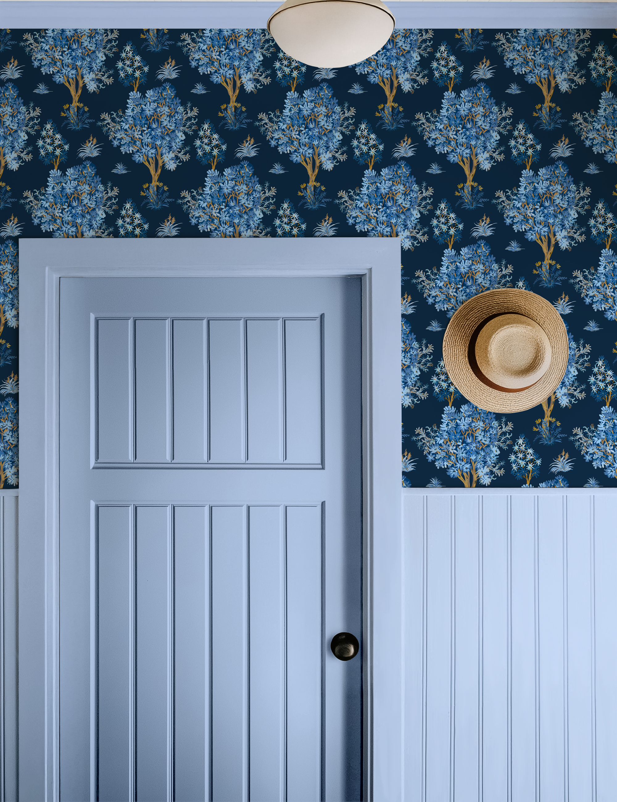 Ornamental Blue Trees in Navy, Vintage Floral Wallpaper, Moody Botanical - Wallpaper