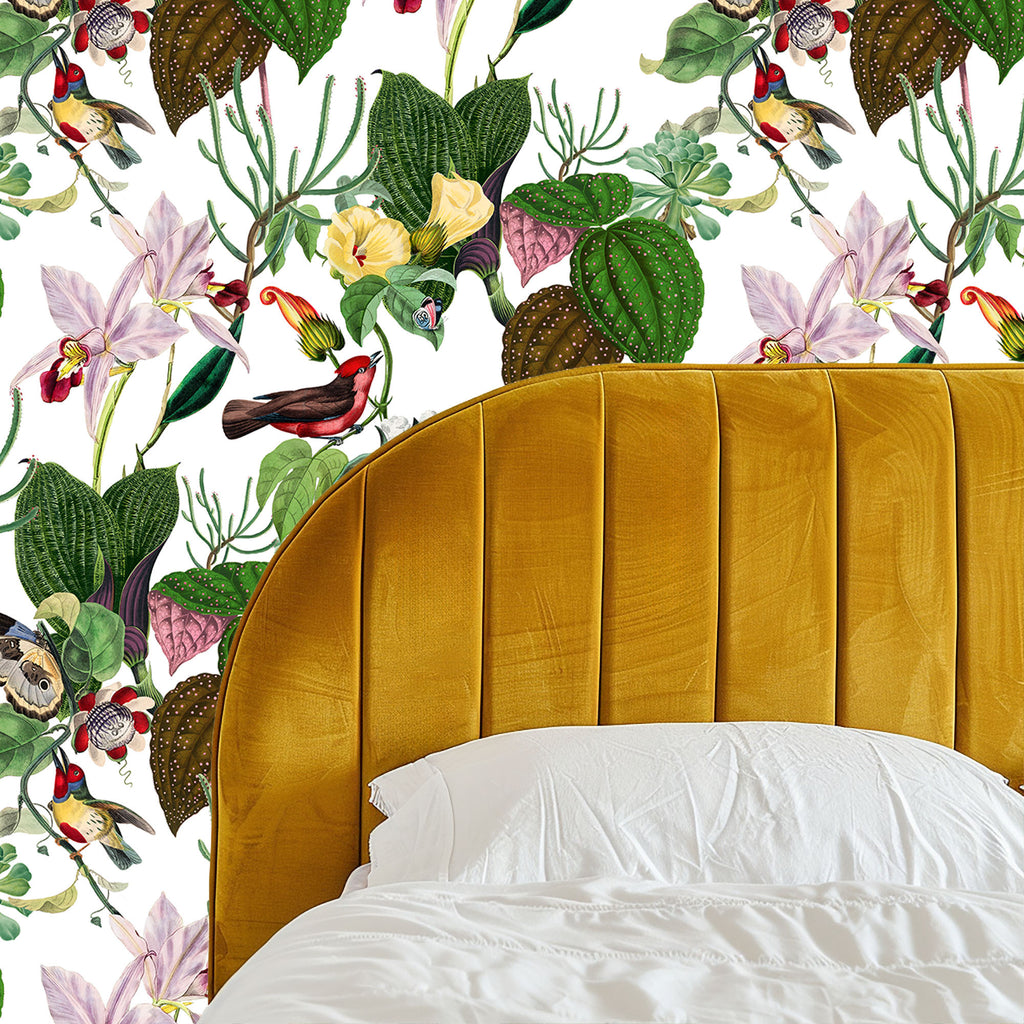 Botanical Birds Wildlife Wallpaper - White
