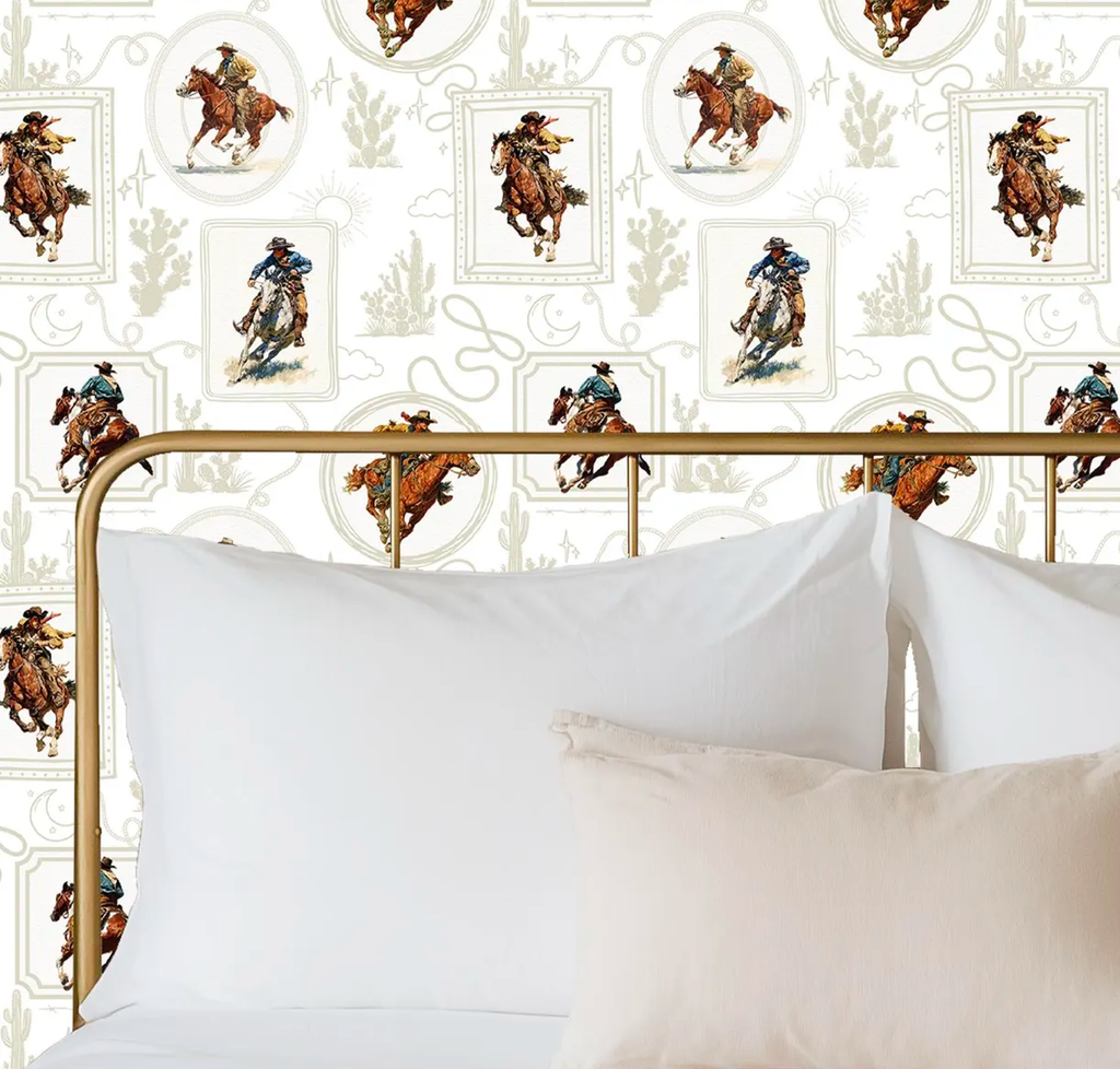 Cowboy Retro Wallpaper Print in White