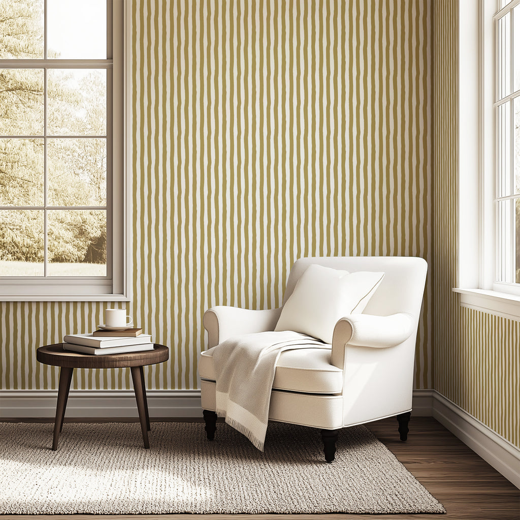 Vibrant Muted Yellow Gold White Stripes WallpaperVibrant Muted Yellow Gold White Stripes Wallpaper - Peel and Stick or Traditional