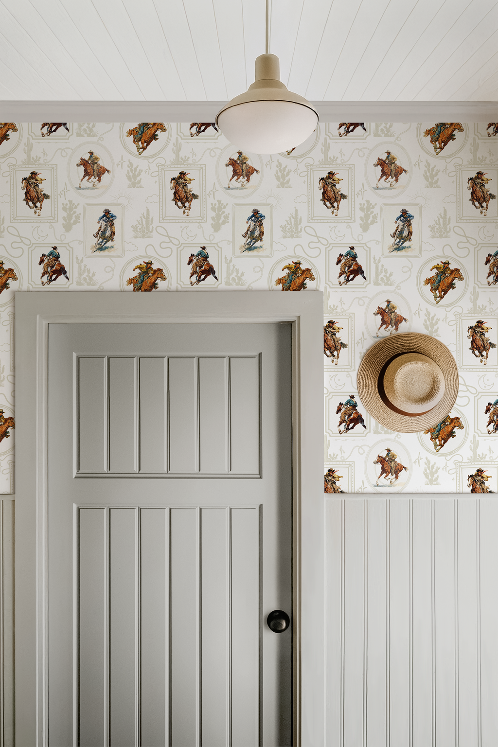 Cowboy Retro Wallpaper Print in White