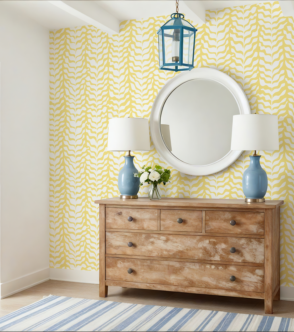 Boho Garden Yellow & White Trellis Botanical Chinoiserie Style - Wallpaper